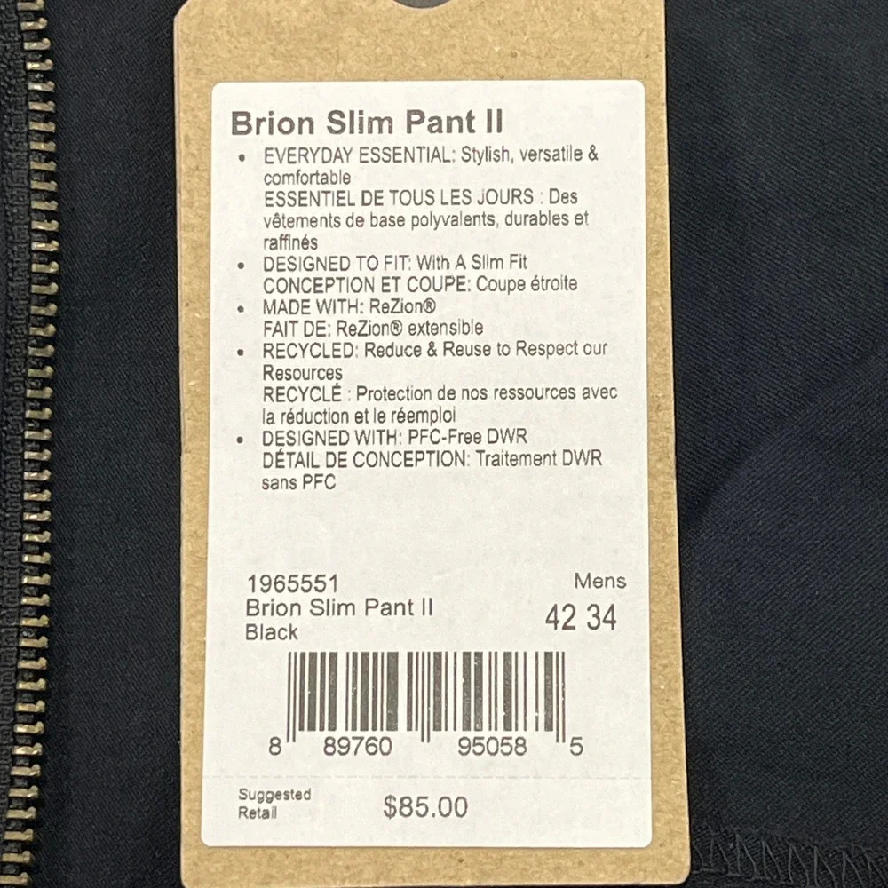 prAna NEW Brion Slim Pant II Mens 42x34 Black Water Repellent Hiking Gorpcore